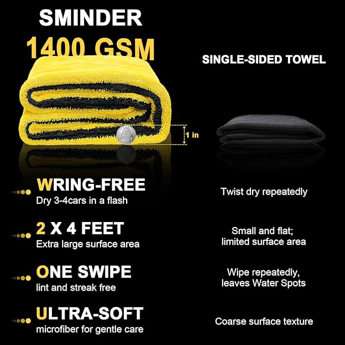 1400 GSM Car Drying Towels – Microfiber Towels for Cars (48" x 24"), Ultra-Absorbent, Streak-Free, Scratch-Free, No Water Spots, Double-Twist Pile & Edgeless Design
