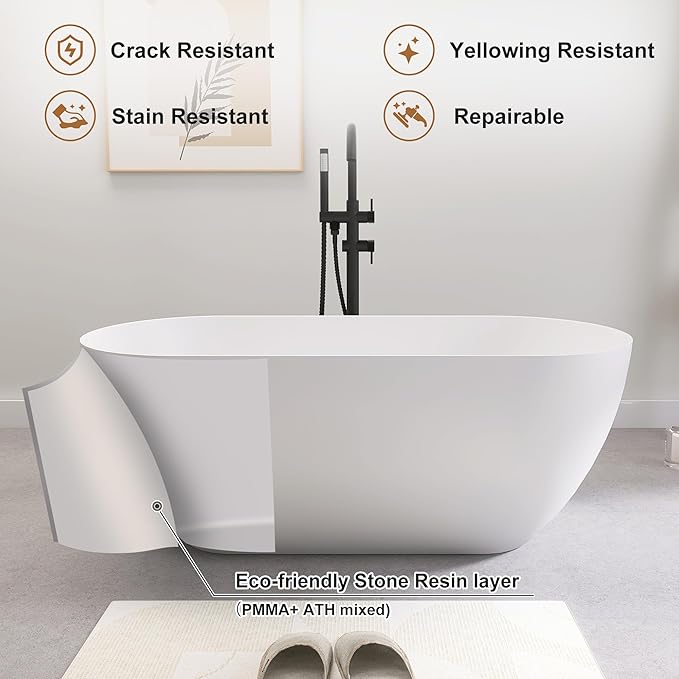 SJ STAR&JANE 51" Solid Surface Freestanding Bathtub, Matte White Oval Soaking Stone Resin Tub with Overflow and Pop-up Drain for Modern Bathrooms