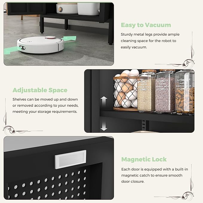 COFaR 5 Tier Black Metal Storage Cabinet, Free Standing with 2 Doors, 4 Adjustable Shelves and Legs, Cupboard Metal Cabinet for Living Room, Kitchen, Dining Room, Office