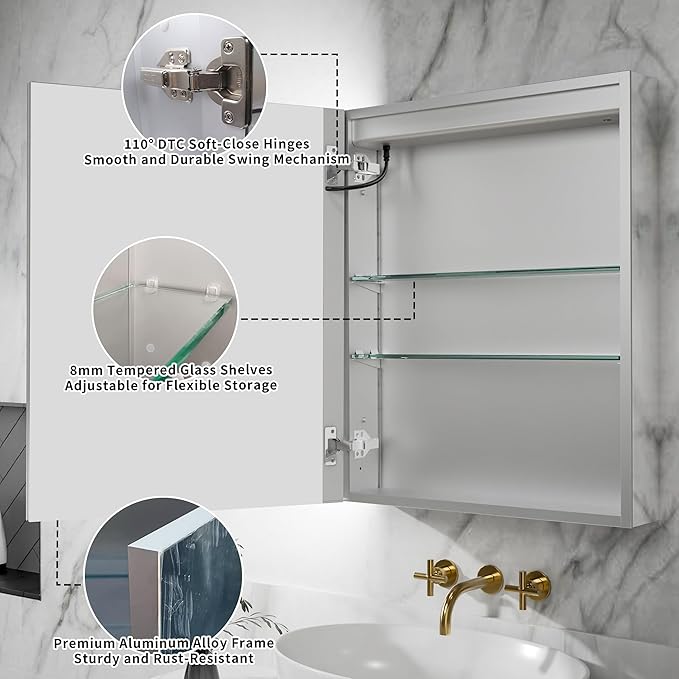 GroGro Lighted Medicine Cabinet with Mirror and Storage,24" W x 30" H LED Bathroom Medicine Cabinet with Mirror,Surface or Recessed Mounting,Defog,Dimming,3-Color Temperature,Left Opening Door
