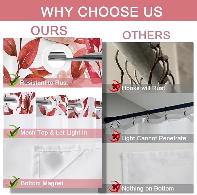 No Hook Shower Curtain and Liner Set, Red Eucalyptus Floral Shower Curtains for Bathroom, Bath Curtain Sets with Snap in Liner, Waterproof with See Through Top Window, 71x77 Inches