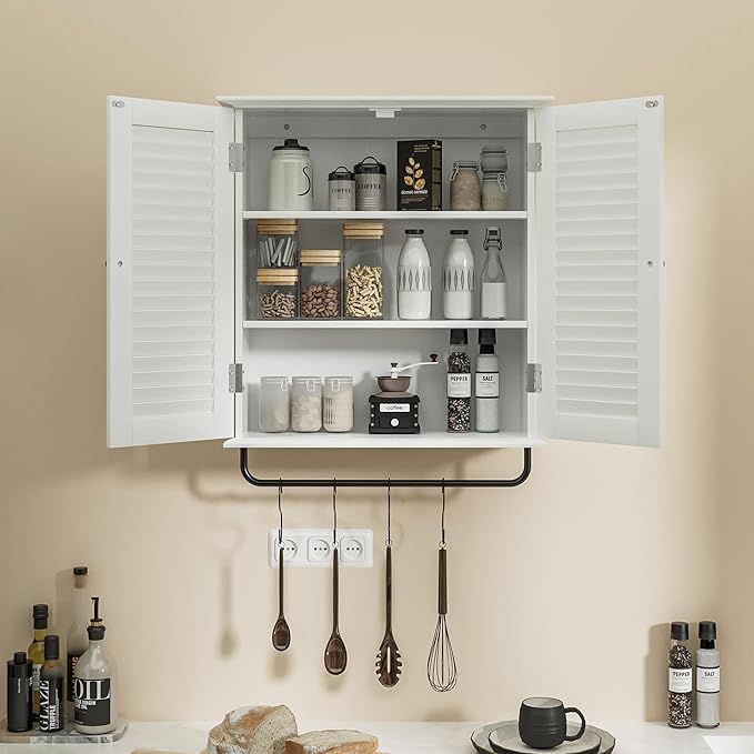 White Wall Mounted Cabinet, Over the Toilet Storage Cabinet, Wooden Wall Cabinet with 2 Doors & Hooks, White Wall Cabinet, Medicine Cabinet Organizer, Storage Cabinets Over Toilet Livingroom Kichen