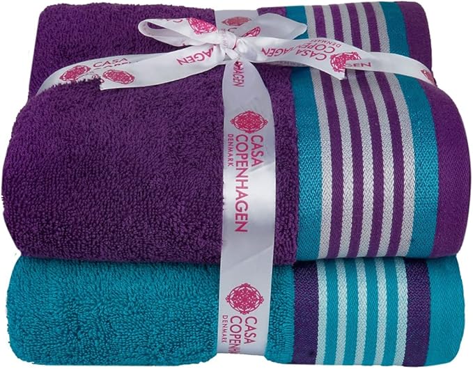 CASA COPENHAGEN Designed in Denmark 550 GSM 2 Large Bath Towels 2 Large Hand Towels 2 Washcloths, Super Soft Egyptian Cotton 6 Towels Set for Bathroom, Kitchen & Shower - Violet Indigo & Teal Green