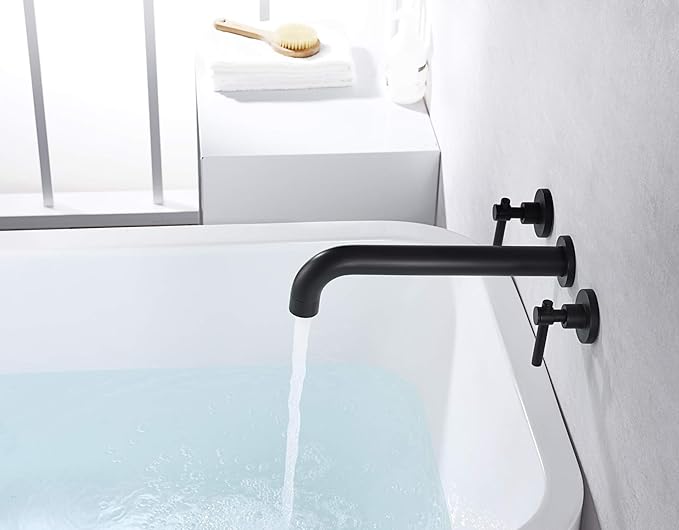 Wall Mount Tub Filler Matte Black Tub Faucet High Flow Two Handles Solid Brass, Long Spout Reach, sumerain