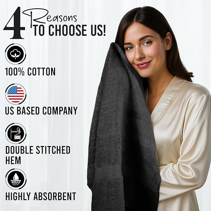 RIVERSIDE 100% Ring Spun Cotton Large Bath Towels Set of 4, 27 x 54 Inches – Quick Dry, Soft & Highly Absorbent Towels for Shower & Bathroom – Luxury 600 GSM Towels for Home, Spa, Gym, Hotel, Black