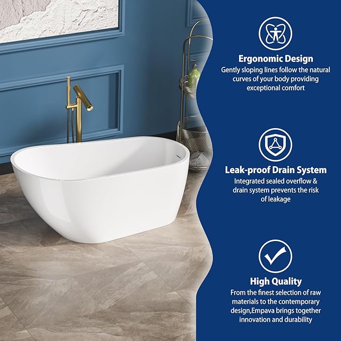 Sarlai 59 Inch Acrylic Freestanding Soaking Bathtub Contemporary Soaking White Tub Stand Alone Ergonomic Bathtub with Chrome Drain and Overflow