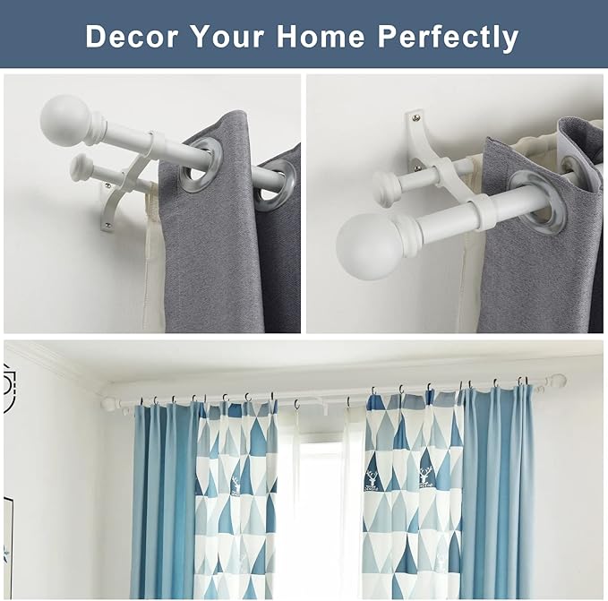 Double Curtain Rod 84 to 120 inch, Adjustable 1 inch Double Drapery Rod Rods for Windows and Doors with Ball Round Finials and Premium Aluminum Brackets Set(84-120",Matte White)