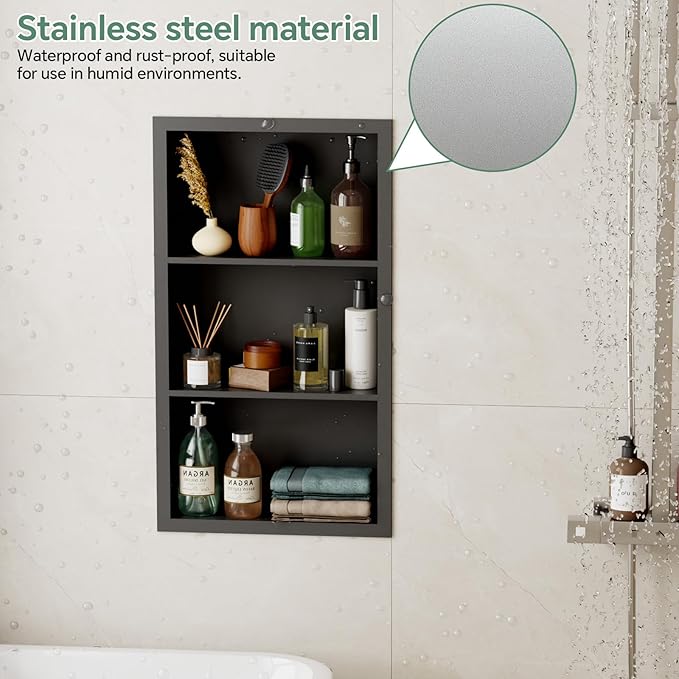 Stainless Steel Recessed Medicine Cabinet 14''*24'', Rust-Proof Metal Wall Niche, in Wall Shower Niche Shelf Insert Replacement, Recessed Medicine Cabinets for Drywall, Bathroom Storage, Black