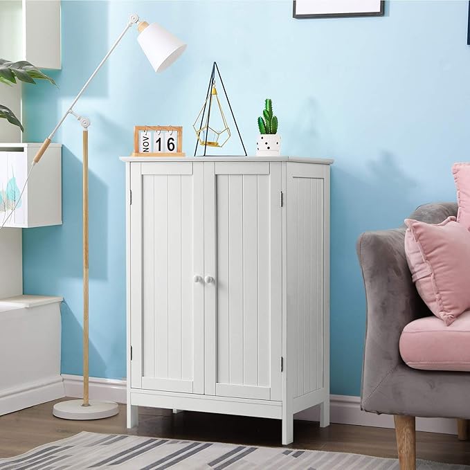Tangkula Bathroom Floor Cabinet, Freestanding Storage Cabinet with Double Doors and Shelf, Modern Home Furniture, Wooden Home Organizer for Living Room, Bathroom Cabinet, White