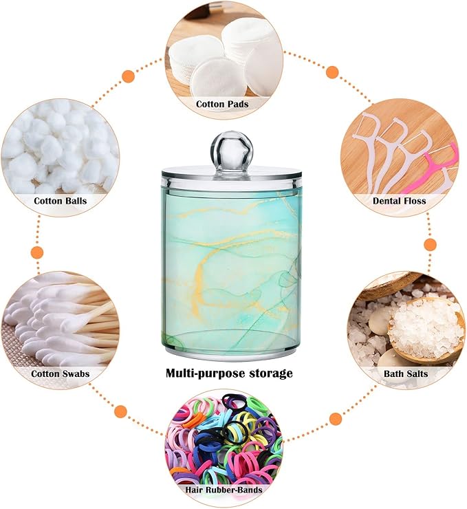 MNSRUU 4 Pack Qtip Holder Organizer Dispenser Modern Art Marble Teal Bathroom Containers Bathroom Vanity Storage Canister Apothecary Jars for Cotton Swabs/Pads/Floss