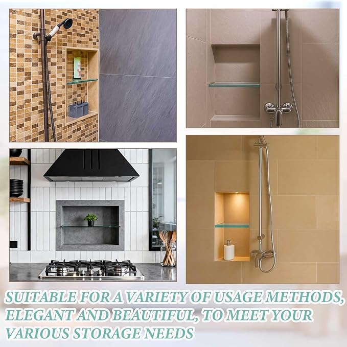 2 Pcs 3-3/8" x 12" 3/8" Thick Tempered Glass Shelf Clear Flat Polished, Flush-Mounted Floating Shelf for Bathroom Essentials & Shower Niche No Mounting Hardware Required