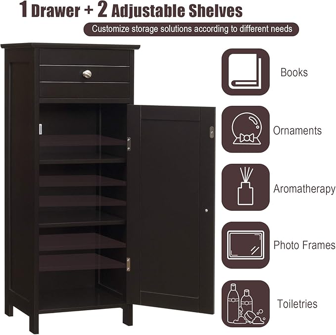 DORTALA Bathroom Floor Cabinet, Free-Standing Wooden Floor Storage Cabinet w/Large Drawer & 2 Adjustable Shelves, Morden Side Storage Bathroom Organizer Cabinet for Living Room, Brown