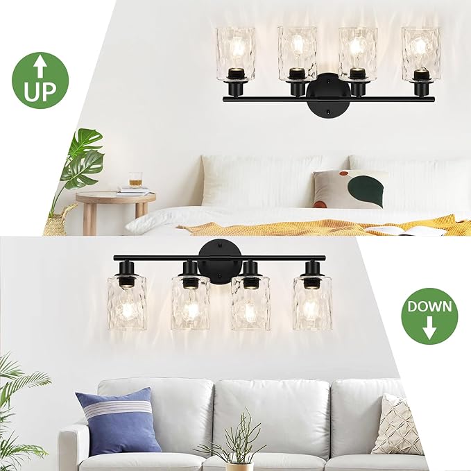 4-Light Bathroom Light Fixtures, Matte Black Vanity Lights with Water Ripple Clear Glass Shade, Bathroom Wall Lamp for Mirror, Kitchen, Living Room, Hallway, Cabinet, Porch