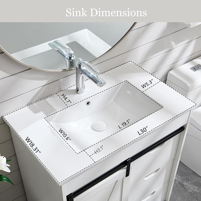 30" Farmhouse Bathroom Vanity with Sink, Freestanding Bathroom Storage Vanity Cabinet w/Sliding Barn Door, 3 Drawers & Adjustable Shelves, Metal Handle, White