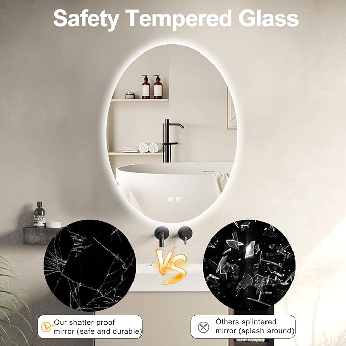 32 X 24 Inch Oval Backlit LED Bathroom Mirror Anti-Fog 3 Colors Light Dimmable Wall Mounted Lighted Bathroom Vanity Mirror Smart Makeup Mirror with Touch Switch