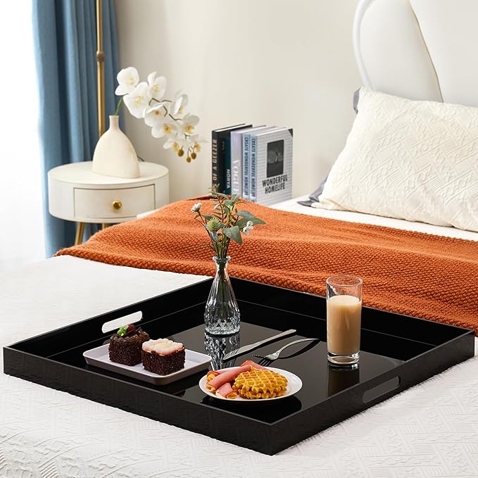 20×20 inches Oversized Black Acrylic Ottoman Tray Extra Large Decorative Tray Spill-Proof Serving Trays with Handles King-Size Safe Edge Organizer for Coffee Table Countertop Breakfast