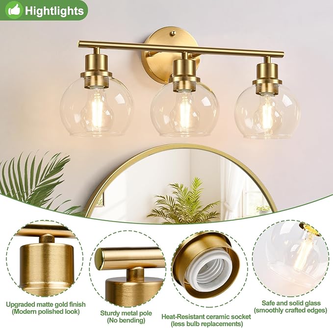 3-Light Bathroom Light Fixtures, Brushed Gold Modern Vanity Lights Over Mirror with Clear Glass Globe Shade, Bathroom Wall Sconces for Mirror Kitchen Living Room Hallway Cabinet Bedroom Porch