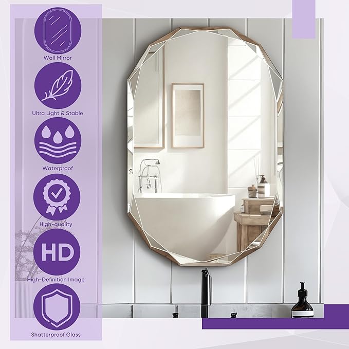 Bathroom Mirror for Wall, 24" x 36" Oval Bathroom Vanity Mirror, Beveled Edge Frameless Wall Mount Vanity Mirror, Wall Mirror Decorative, Irregular Beveled Edge