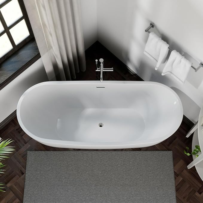 Empava 69" Freestanding Tub, Acrylic Contemporary Soaking White Tub with Drain and Overflow
