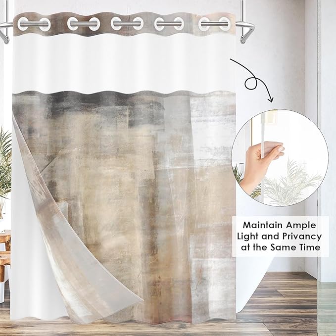 No Hook Grey Brown Painting Shower Curtain with Snap in Fabric Liner Set, Beige Abstract Double Layers Waterproof Fabric with See Through Top Window Open Grommet Bath Curtain 71x74 Inch