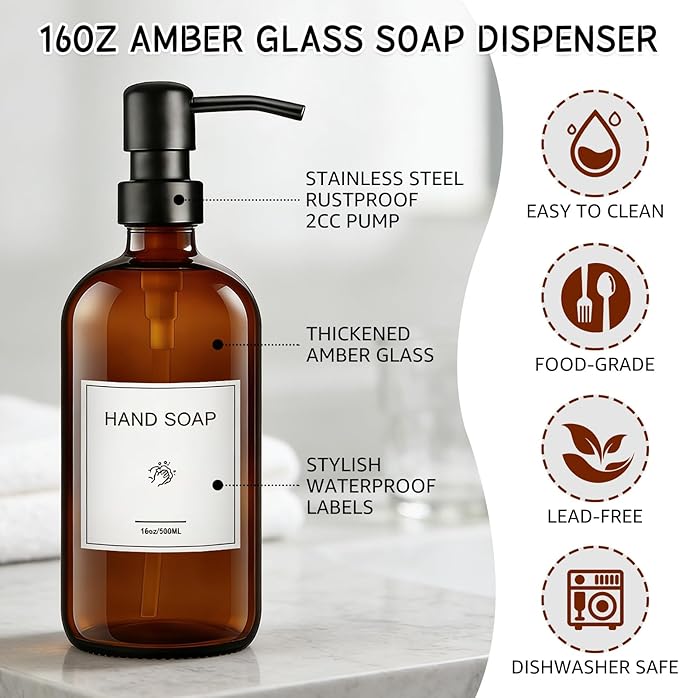 KEYWING Kitchen Soap Dispenser Set with Wood Tray, 16oz Amber Glass Soap Dispensers with Stainless Steel Pumps, Hand and Dish Soap Dispenser Set for Kitchen, Soap and Lotion Dispenser Set for Bathroom
