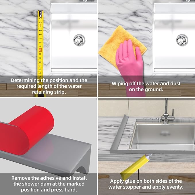 39Inch Collapsible Shower Threshold Water Dam Barrier, Self Adhesive Silicone Waterproof Shower Barrier Water Strip Dam for The Gap Between the Shower Kitchen Countertop Sink and Cooktop