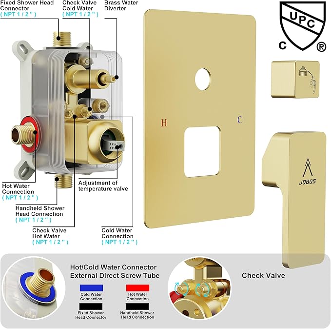 Shower System 12IN Modern Rain Brass Faucet Set With Valve and Diverter Shower Mixer With Handheld High Pressure Square Rainfall Shower Valve (12'' Ceiling Mount, Brushed Gold)