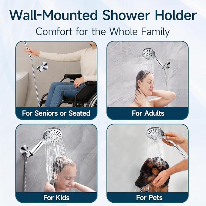 BRIGHT SHOWERS Strong Adhesive Shower Head Holder with Dual Angle Adjustable, Wall Mounted Handheld Shower Bracket, Easy Installation, Screw Mounting Options, Chrome