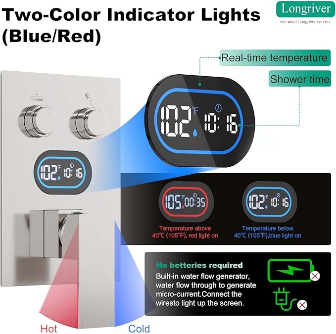 Push Button Diverter Shower Faucet Set Hydro Power Temperature Display, Shower System 12 Inch Shower Head with Handheld Spray, Wall Mounted Shower Fixtures with Valve and Trim Kit, Brushed Nickel
