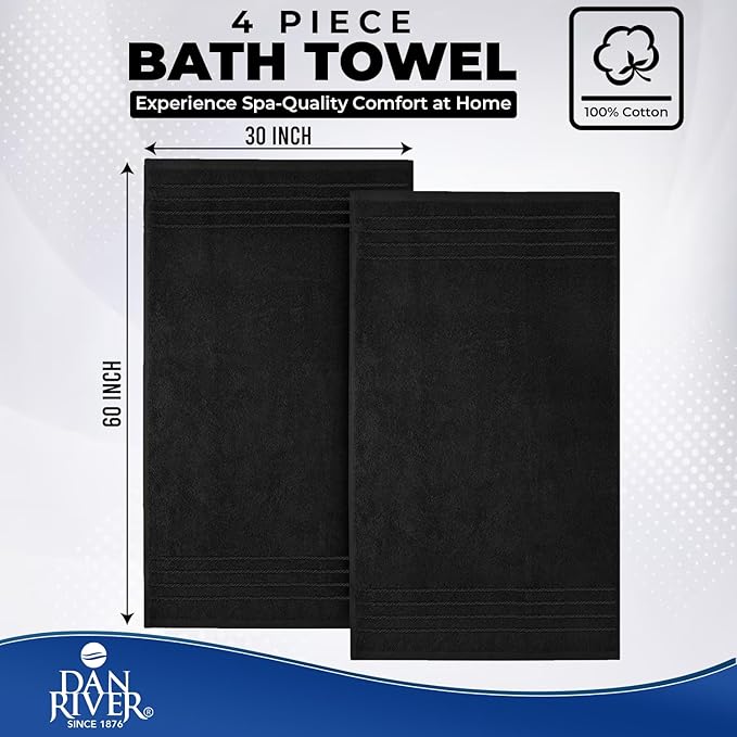 DAN River Extra Large Bath Towels Set of 4, 30 x 60 Inches - 100% Cotton Larger & Lighter Weight Towels for Bathroom - Quicker to Dry, Super Soft & Highly Absorbent Towels for Home, Black