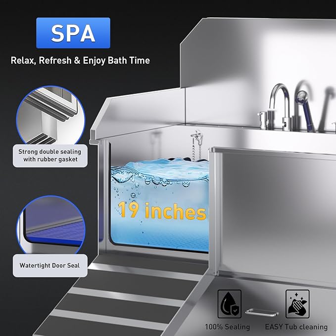 Dog Washing Station – 61 inch Professional 304 Stainless Steel Grooming Tub w/Ramp, Drawer, Faucet & Floor Grate, Dog Bathing Station for Large, Medium & Small Pets, 19" Leak-Proof Deep Soak