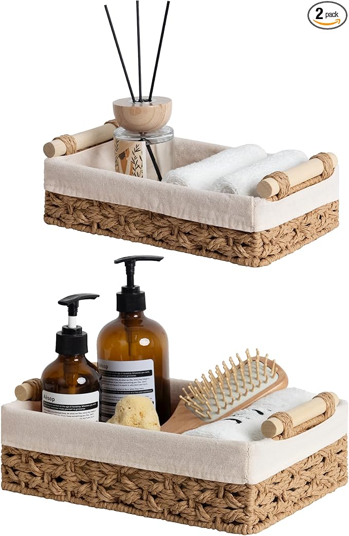 StorageWorks Bathroom Baskets for Organizing, Small Wicker Basket for Bathroom Organizer, Round Paper Rope Storage Basket for Bathroom Countertop, Set of 2