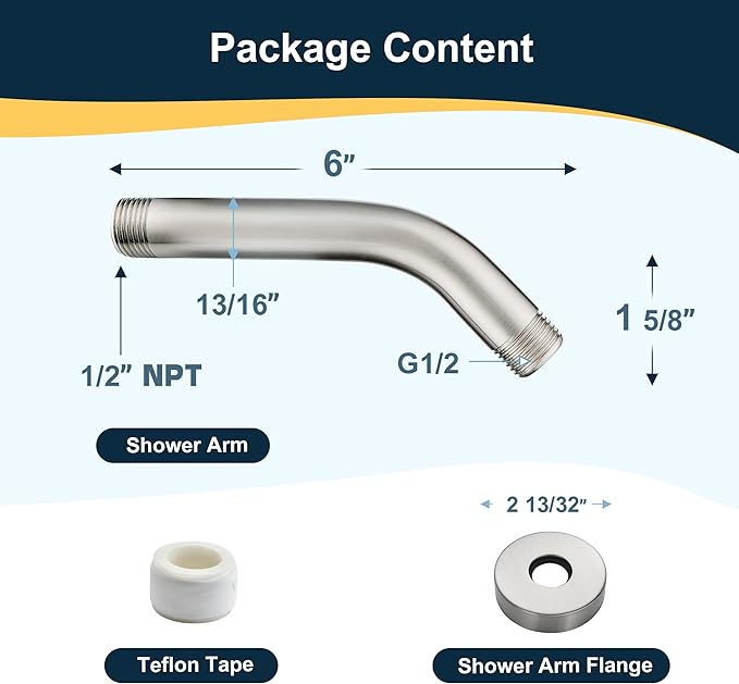 BRIGHT SHOWERS 6 Inch Brass Shower Arm with Flange Shower Pipe Arm for Wall Mount Fixed and Handheld Shower Head, Brushed Nickel