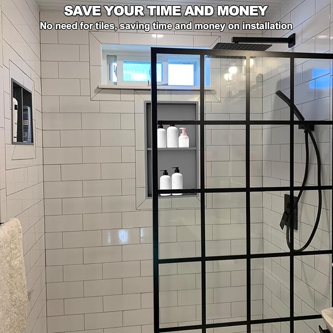 304 Stainless Steel Shower Niche Insert-24 x 12" No Tile Needed Bathroom Niche for Shower Wall-Double Shelves Built in Shower Shelf-Waterproof Recessed Cabinet for Bathroom Living Room Study Kitchen