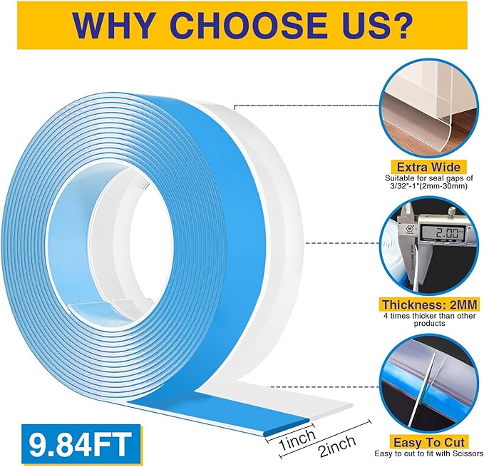 Weather Stripping Door Draft Stopper Door Bottom Seal Strip for House and Glass Shower, 9.8FT(L) x 2in(W) Silicone Door Sweep for Gaps of Doors and Windows, Weatherproof Soundproof (Transparent)