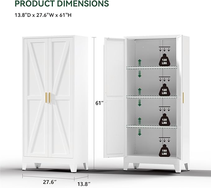 61" Tall Metal Kitchen Pantry Storage Cabinet with Double Doors & 3 Adjustable Shelves, Freestanding Cupboard for Kitchen, Dining Room, Bathroom, White