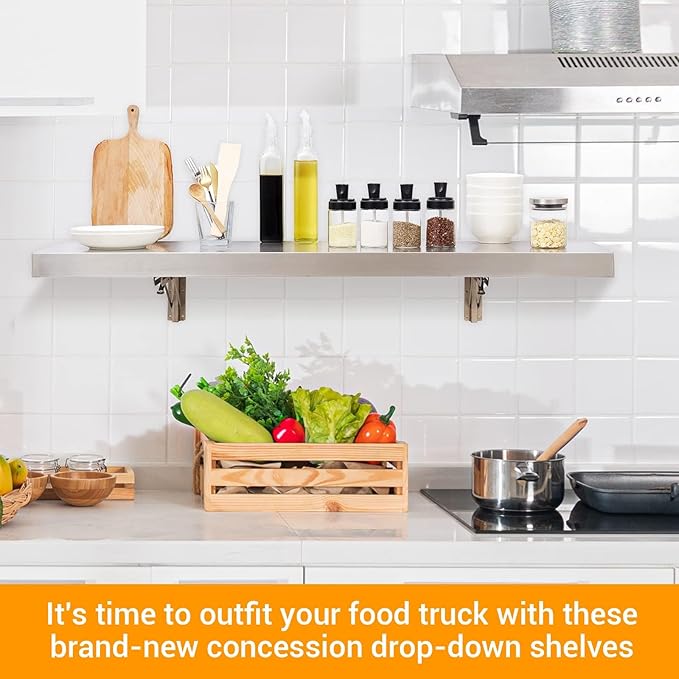 Folding Concession Shelf 48" L x 12" W, Stainless Steel Folding Serving Food Shelf, Heavy Duty Drop Down Wall Mount Shelving for Concession Windows, Food Truck, Kitchen, Garage
