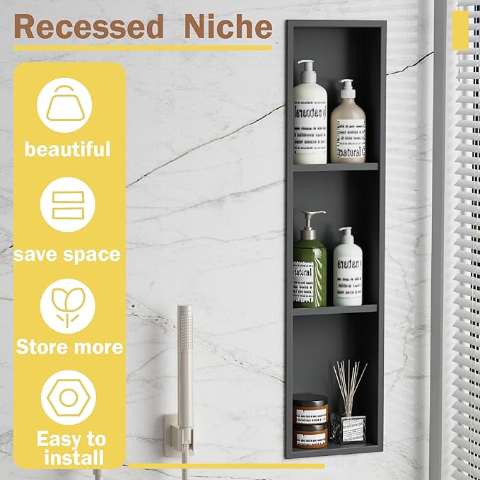 Tall Niche Three-Tiered Shelves Embedded in The Wall，Shower Niche No Tile Needed for Bathroom Niche Decor ，Stainless Steel（Black 8"x 36"）