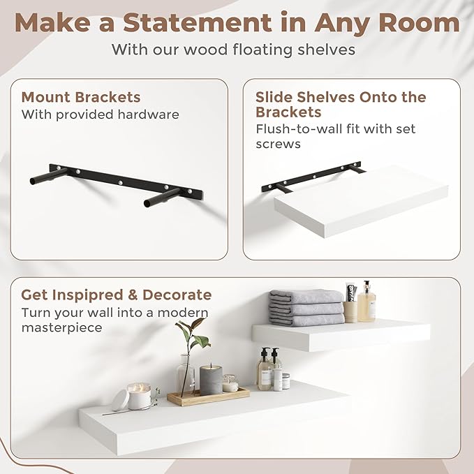 40 Inch Long Floating Shelves for Wall Set of 2, 12"D Wood Grain Bathroom Shelves with Invisible Brackets, Easy Install Engineered Wood Storage Shelves for Kitchen, Living Room, Bedroom, White Finish