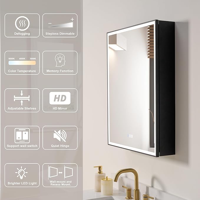 WELLFOR 24" X 30" LED Mirrored Medicine Cabinet, Medicine Cabinets with Lights for Bathroom, Defogging Function Mirror Cabinet, Bathroom Medicine Cabinet with USB Port & Outlet, Left Opening Doors