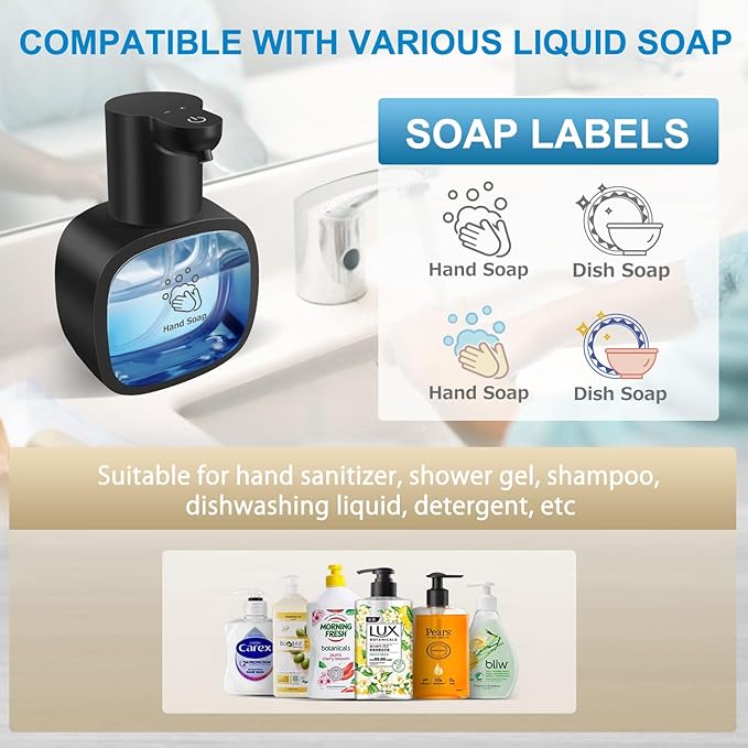 Automatic Liquid Soap Dispenser with 500ml /17oz Capacity, Touchless Soap Dispenser with 4 Level Adjustable, Rechargeable, Wall-Mounted, Waterproof for Kitchen, Bathroom, Hotel, Restaurant