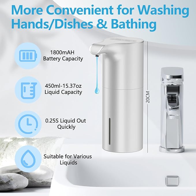 YIKHOM Automatic Liquid Soap Dispenser, 15.37 oz Touchless Dish Dispenser with Waterproof Base, 5 Adjustable Soap Volume Hand Soap Dispenser, Sensor Soap Pump for Kitchen Bathroom Office Hotel