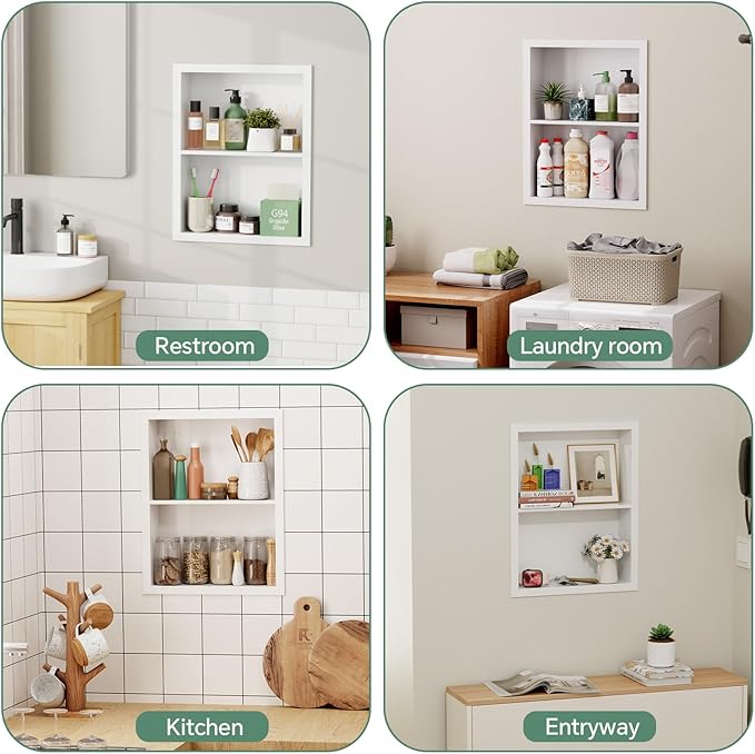 Stainless Steel Recessed Medicine Cabinet 14''*18'', Rust-Proof Metal Wall Niche, in Wall Shower Niche Shelf Insert Replacement, Recessed Medicine Cabinets for Drywall, Bathroom Storage, White