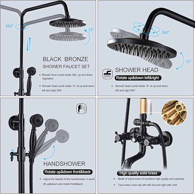 NeierThodore Oil Rubbed Bronze Shower Faucet Set Complete Shower System 8 Rain Shower 2 Cross Knobs Wall Mounted Mixer Bathroom Shower Tub Tap Bathroom Fixtures Wall Mount