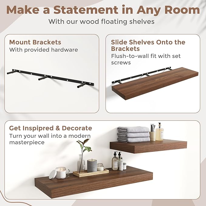 48 Inch Long Floating Shelves for Wall Set of 2, 12"D Wood Grain Bathroom Shelves with Invisible Brackets, Easy Install Engineered Wood Storage Shelves for Kitchen, Living Room, Bedroom, Walnut Finish