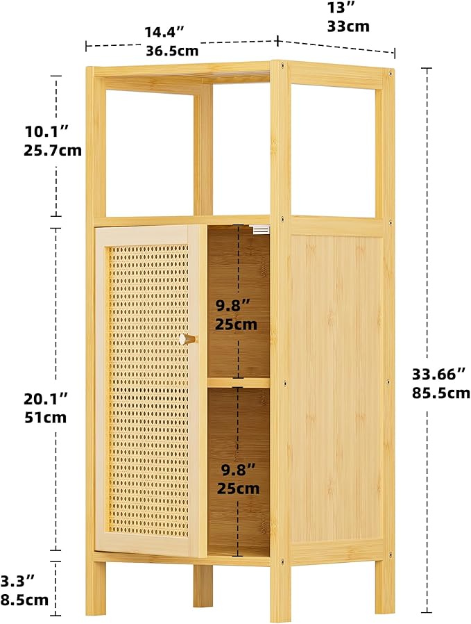 HITNET Rattan Bathroom Storage Cabinet, Small Bamboo Floor Cupboard with Door, Freestanding Narrow Side Organizer for Living Room, Kitchen, Entryway, Natural