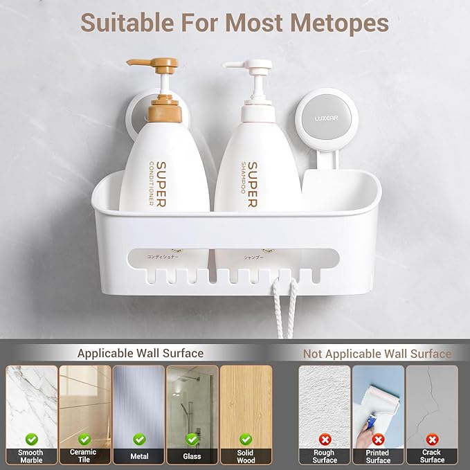 LUXEAR 3 Pack Shower Caddy Suction Cup Set - Shower Shelf, Soap Dish, Toothbrush Holder - White