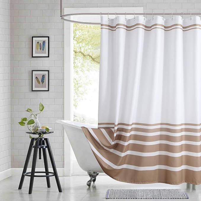 Extra Long Beige and White Striped Shower Curtain 72x84 Inches, Waterproof Fabric with Modern Gradient Lines, 12 Rustproof Grommets & Weighted Hem