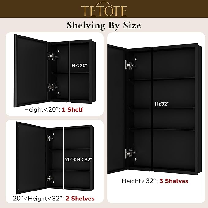 TETOTE 20 x 28 Bathroom Mirror with Storage with Tempered Beveled Mirror Black Medicine Cabinet Aluminum Cabinet DTC Hinges, Stepless Adjustable Shelves, Recessed/Surface-Mounted