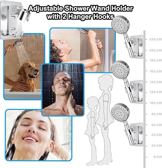 Shower Head Holder,Adjustable Handheld Shower Wand Holder with 2 Hanger Hooks,Strong Adhesive Shower Holder Wall Mount Bracket,Shower Bracket Holder for Home,Bathroom,No Drilling Need